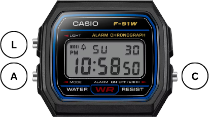 Diagram of the F-91W showing the L, A, and C button positions